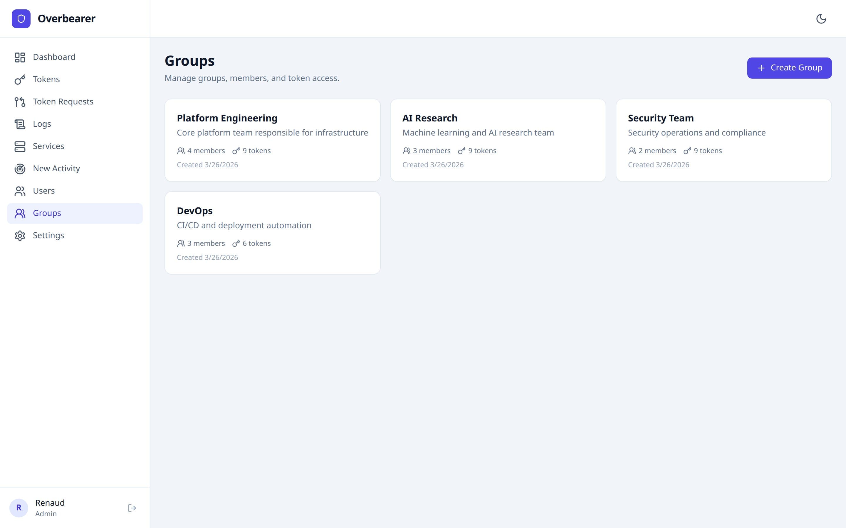 Admin groups management page