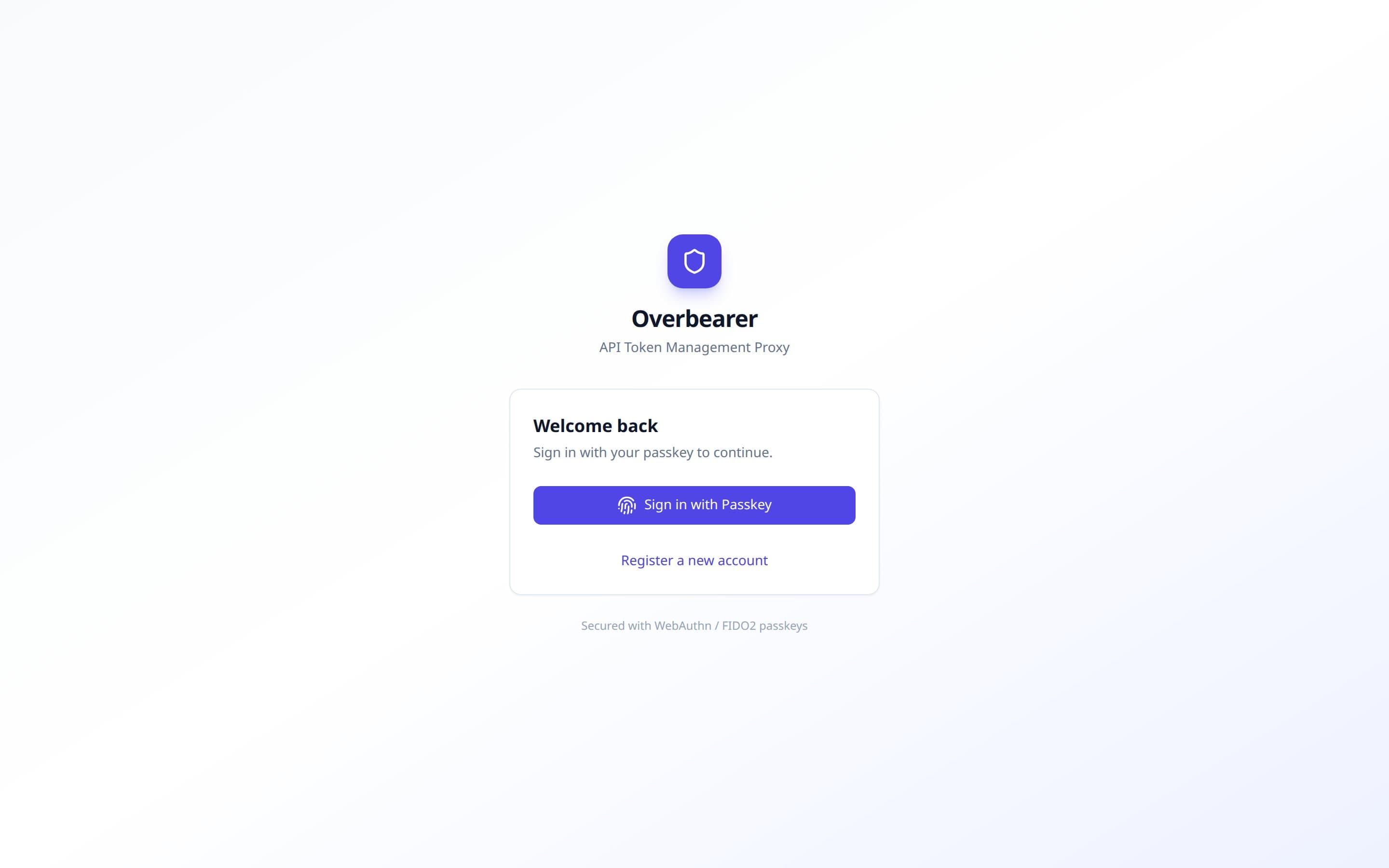 Overbearer login page with passkey authentication