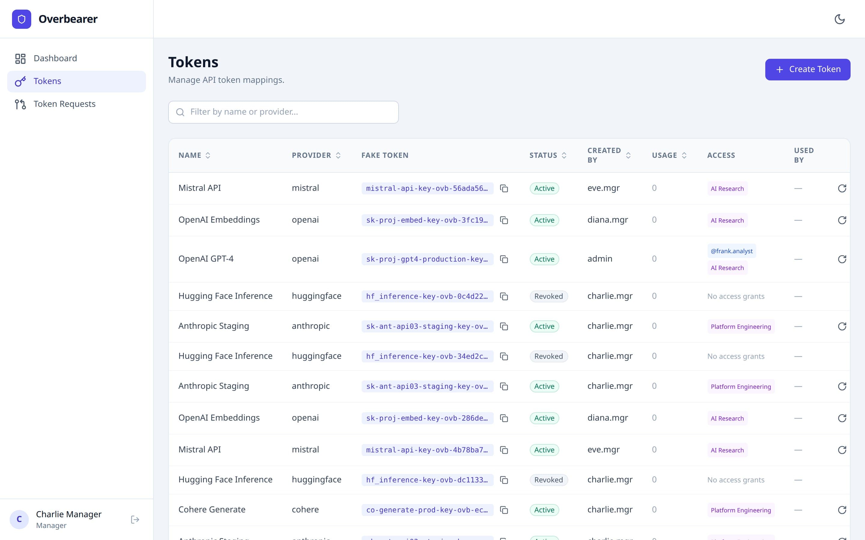 Manager tokens page